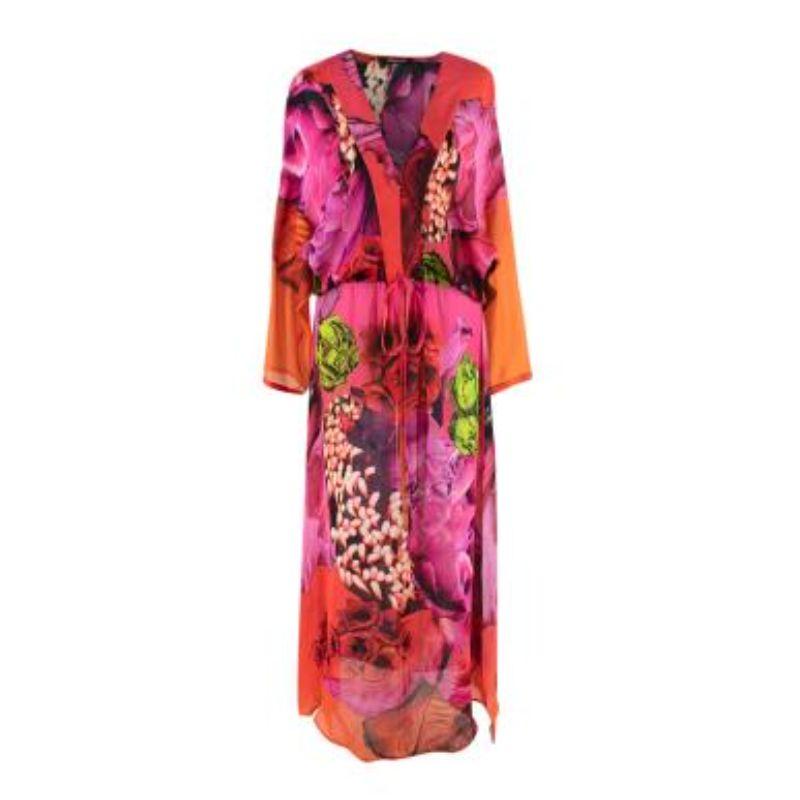 Roberto Cavalli Pink & Red Roses Silk Kaftan
 
 
 
 - Large scale floral print in vibrant hues of red, pink and green
 
 - Deep v-neck 
 
 - Drawstring waistband
 
 - Flared sleeve
 
 - Maxi length with side splits 
 
 - Unlined, semi-sheer
 
 
 
