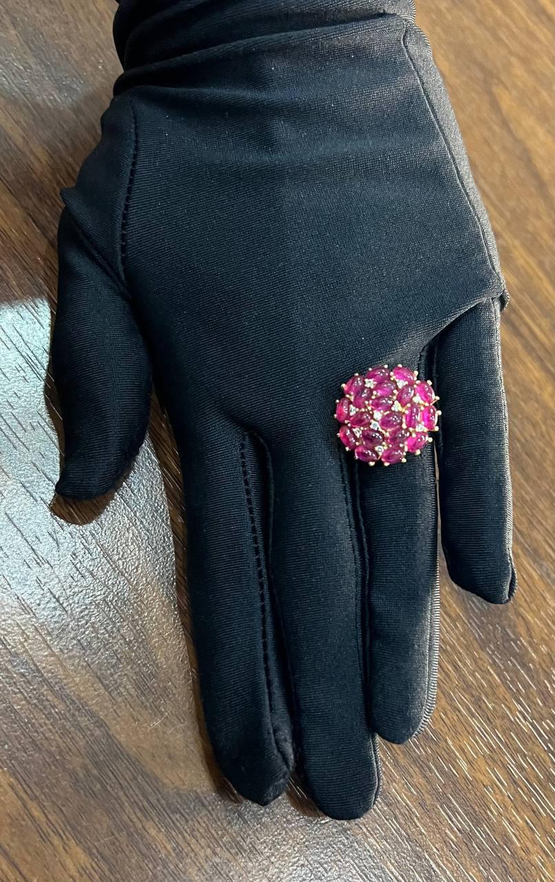 Pink Red Ruby Cabochon Cluster Diamond Pave Rose Gold Statement Cocktail Ring For Sale 6