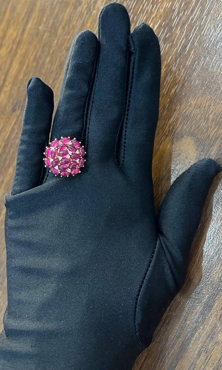 Pink Red Ruby Cabochon Cluster Diamond Pave Rose Gold Statement Cocktail Ring For Sale 7
