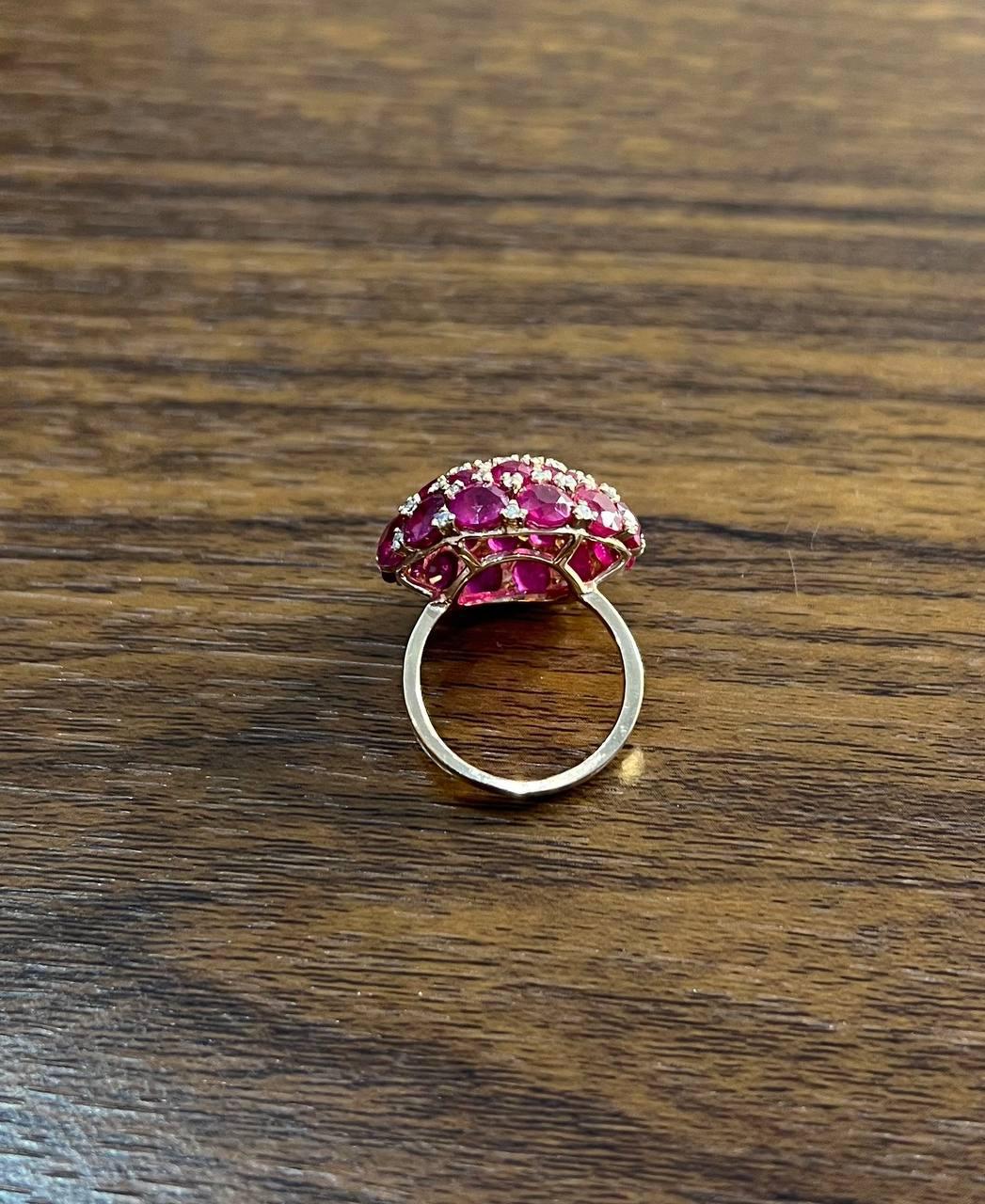 Pink Red Ruby Cabochon Cluster Diamond Pave Rose Gold Statement Cocktail Ring For Sale 1