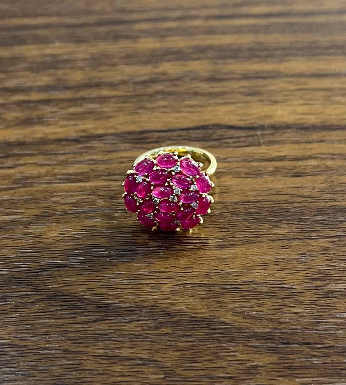 Pink Red Ruby Cabochon Cluster Diamond Pave Rose Gold Statement Cocktail Ring For Sale 1