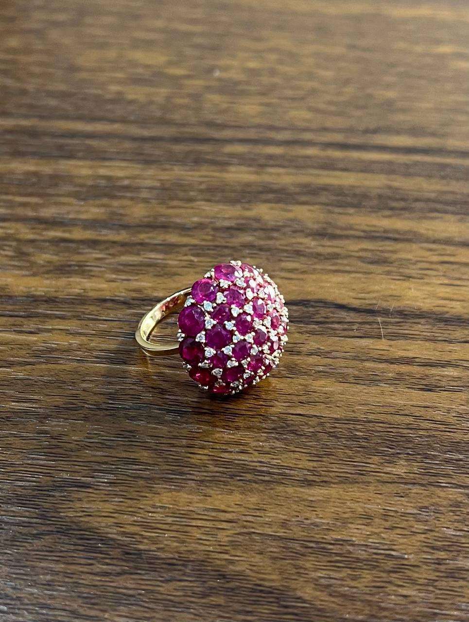 Pink Red Ruby Cabochon Cluster Diamond Pave Rose Gold Statement Cocktail Ring For Sale 2