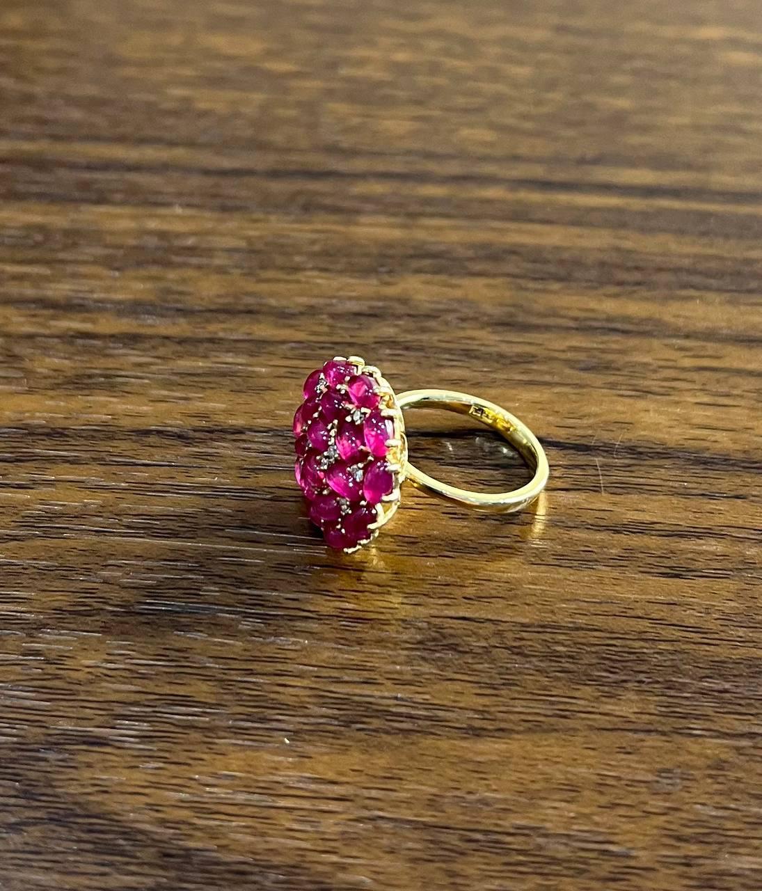 Pink Red Ruby Cabochon Cluster Diamond Pave Rose Gold Statement Cocktail Ring For Sale 2