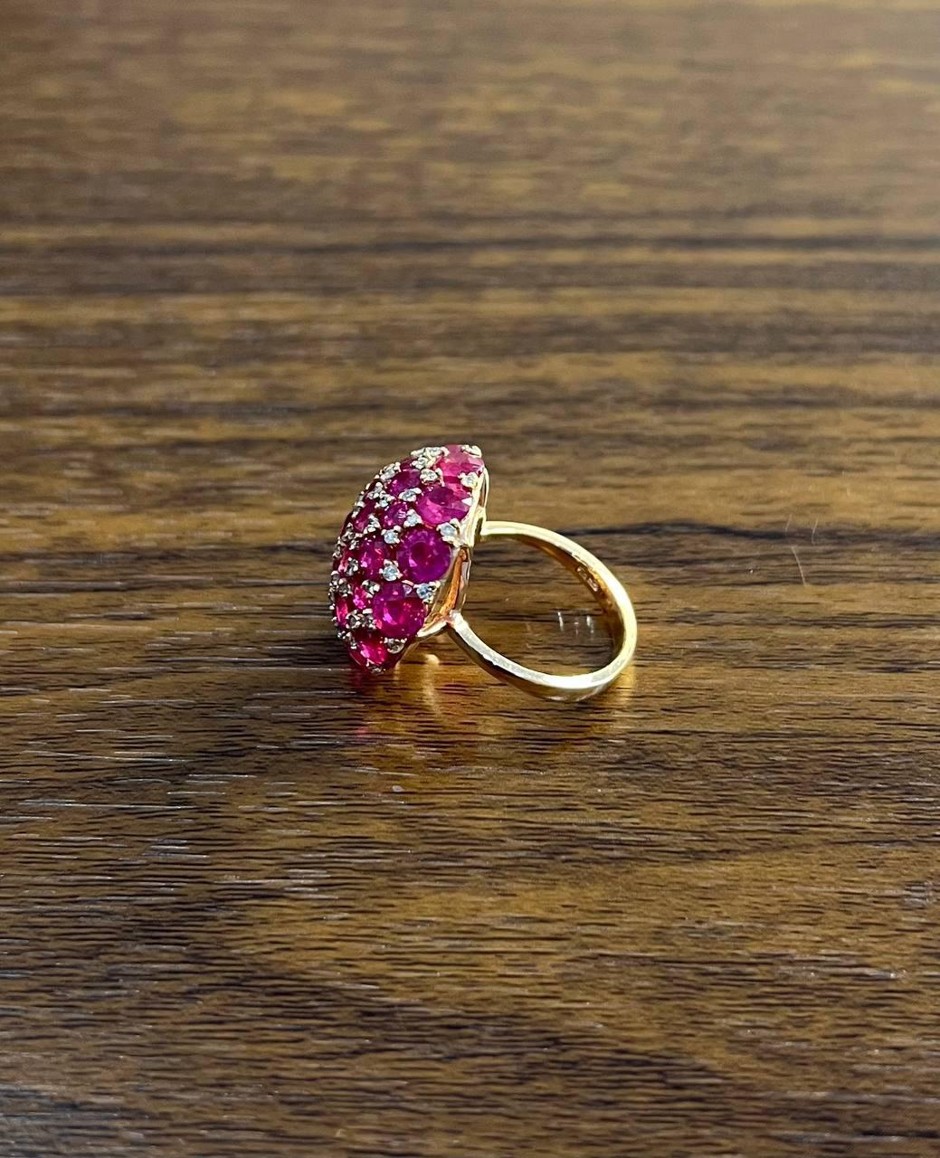 Pink Red Ruby Cabochon Cluster Diamond Pave Rose Gold Statement Cocktail Ring For Sale 3