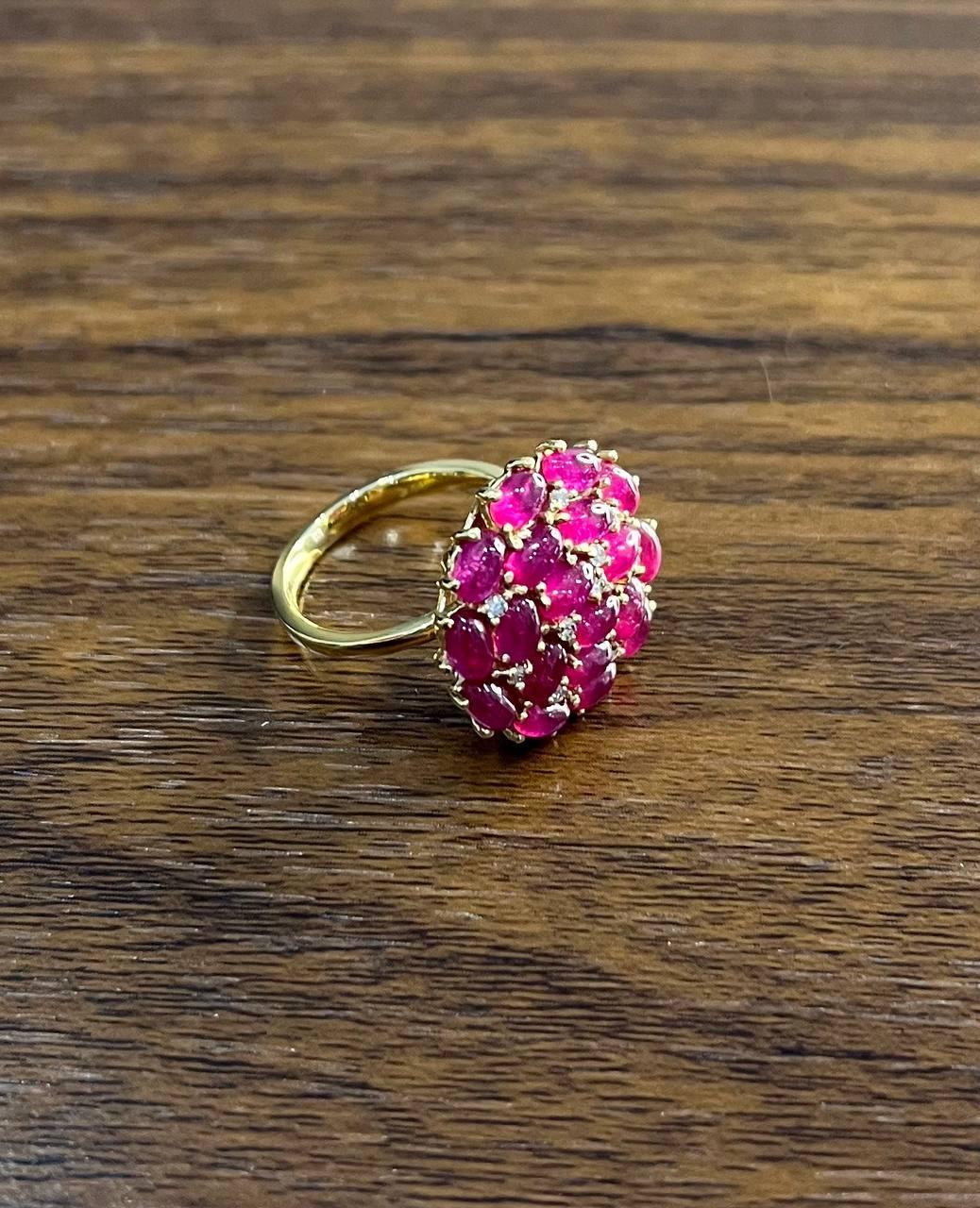 Pink Red Ruby Cabochon Cluster Diamond Pave Rose Gold Statement Cocktail Ring For Sale 3