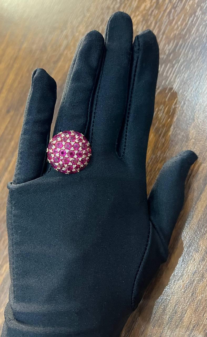 Pink Red Ruby Cabochon Cluster Diamond Pave Rose Gold Statement Cocktail Ring For Sale 4