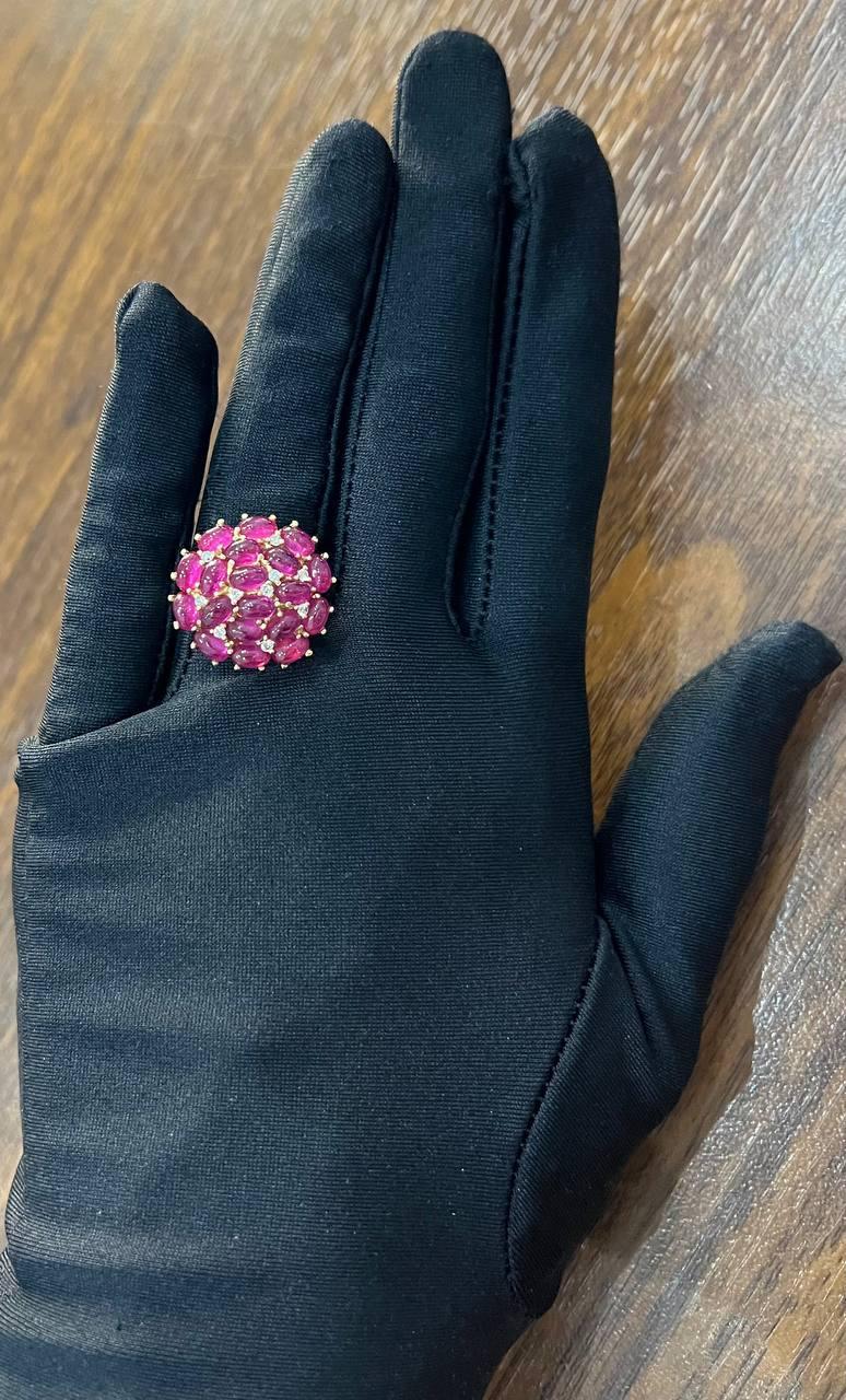 Pink Red Ruby Cabochon Cluster Diamond Pave Rose Gold Statement Cocktail Ring For Sale 5