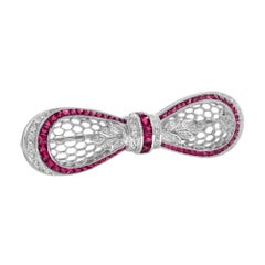 Pink Red Ruby & Diamond Antique Style Bow 18K White Gold Pin Brosche