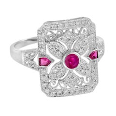 Pink Red Ruby & Diamant Art Deco Stil Filigran 14K Weißgold Ring