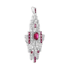 Colgante de oro blanco de 18 quilates con motivo geométrico estilo Art Déco de rubí rojo rosa y diamante