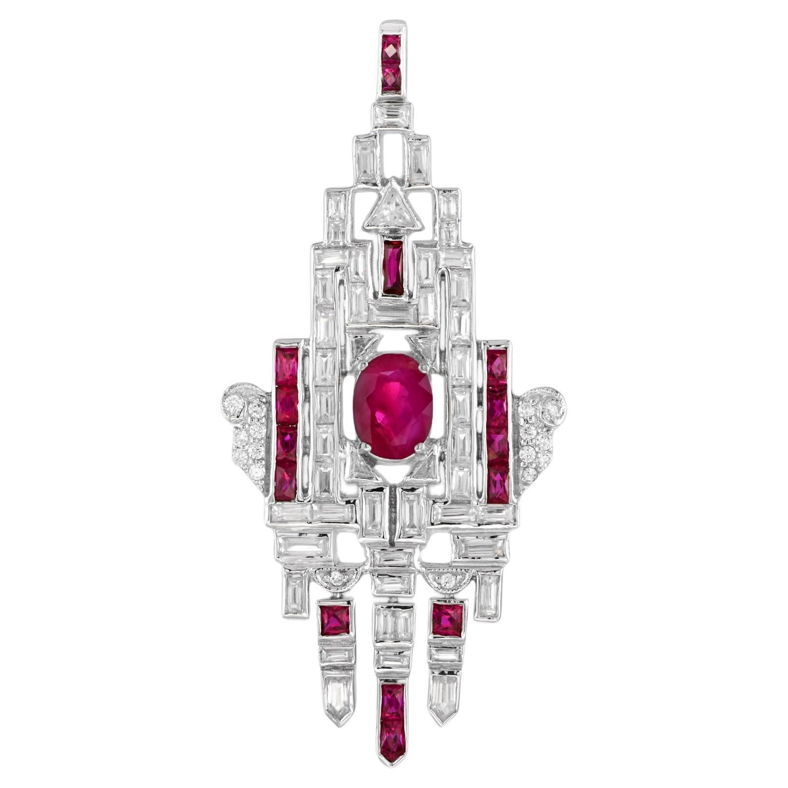 Ciondolo in oro bianco 18 carati con rubino rosso rosa e diamanti in stile Art Deco con motivo geometrico in vendita