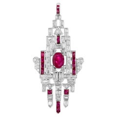 Ciondolo in oro bianco 18 carati con rubino rosso rosa e diamanti in stile Art Deco con motivo geometrico