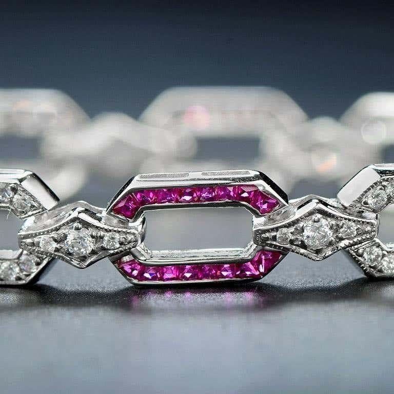 Art déco Pink Red Ruby & Diamond Art Deco Style Inspired Link 18K White Gold Bracelet en vente