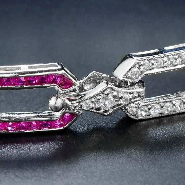 Pink Red Ruby & Diamond Art Deco Style Inspired Link 18K White Gold Bracelet Neuf - En vente à Oakton, VA