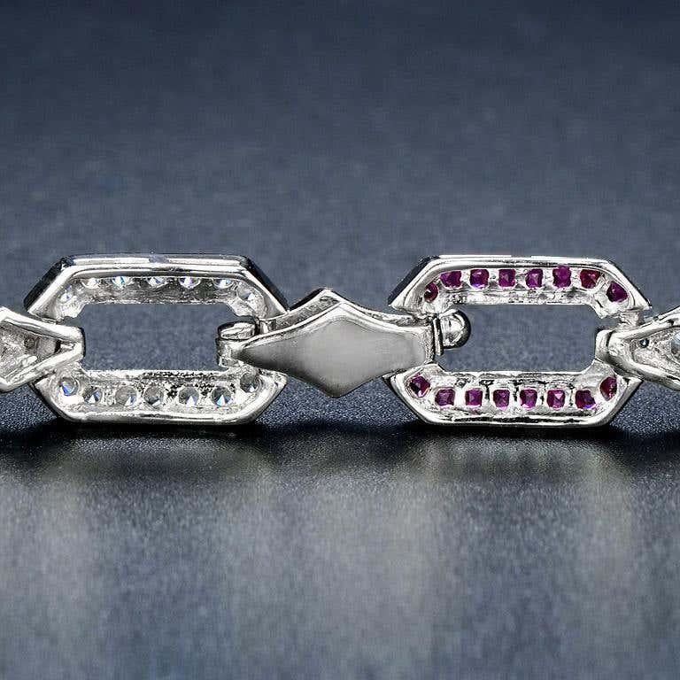 Pink Red Ruby & Diamond Art Deco Style Inspired Link 18K White Gold Bracelet Pour femmes en vente