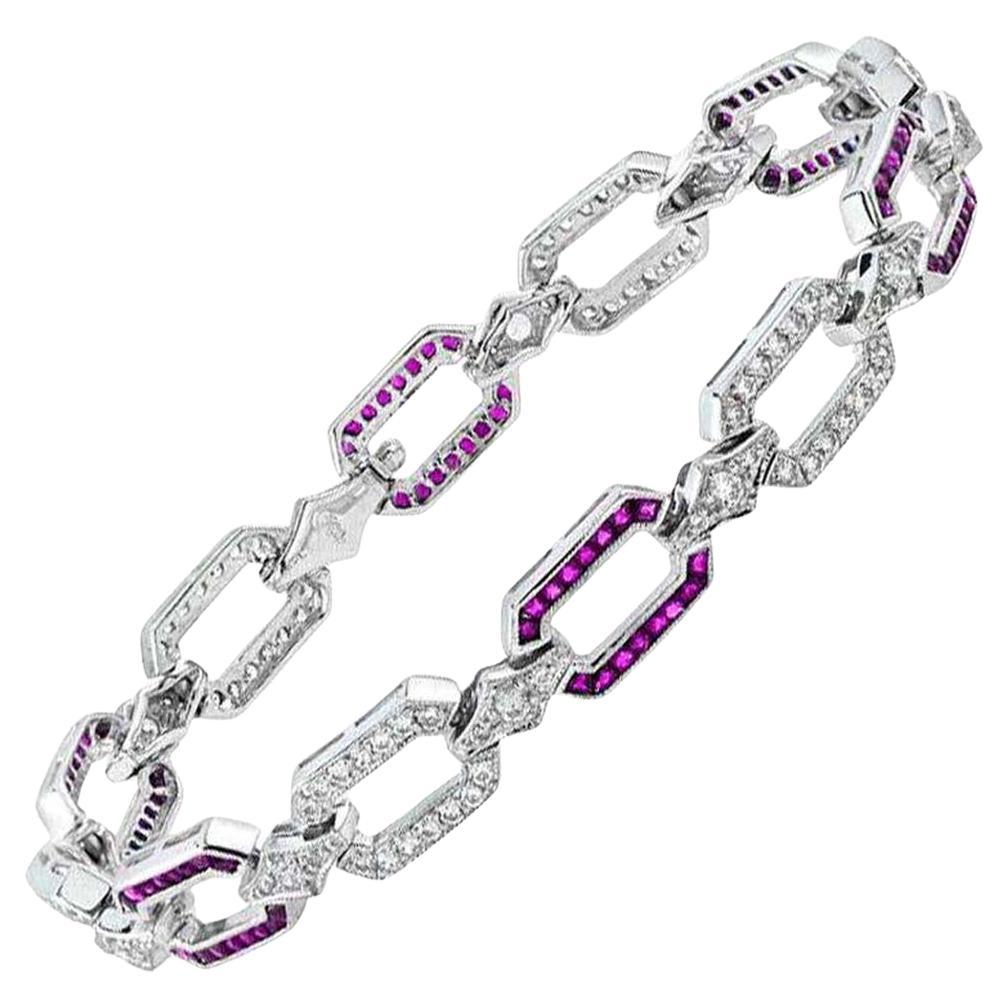 Pink Red Ruby & Diamond Art Deco Style Inspired Link 18K White Gold Bracelet