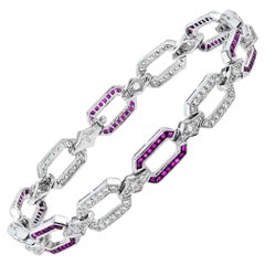 Pink Red Ruby & Diamond Art Deco Style Inspired Link 18K White Gold Bracelet