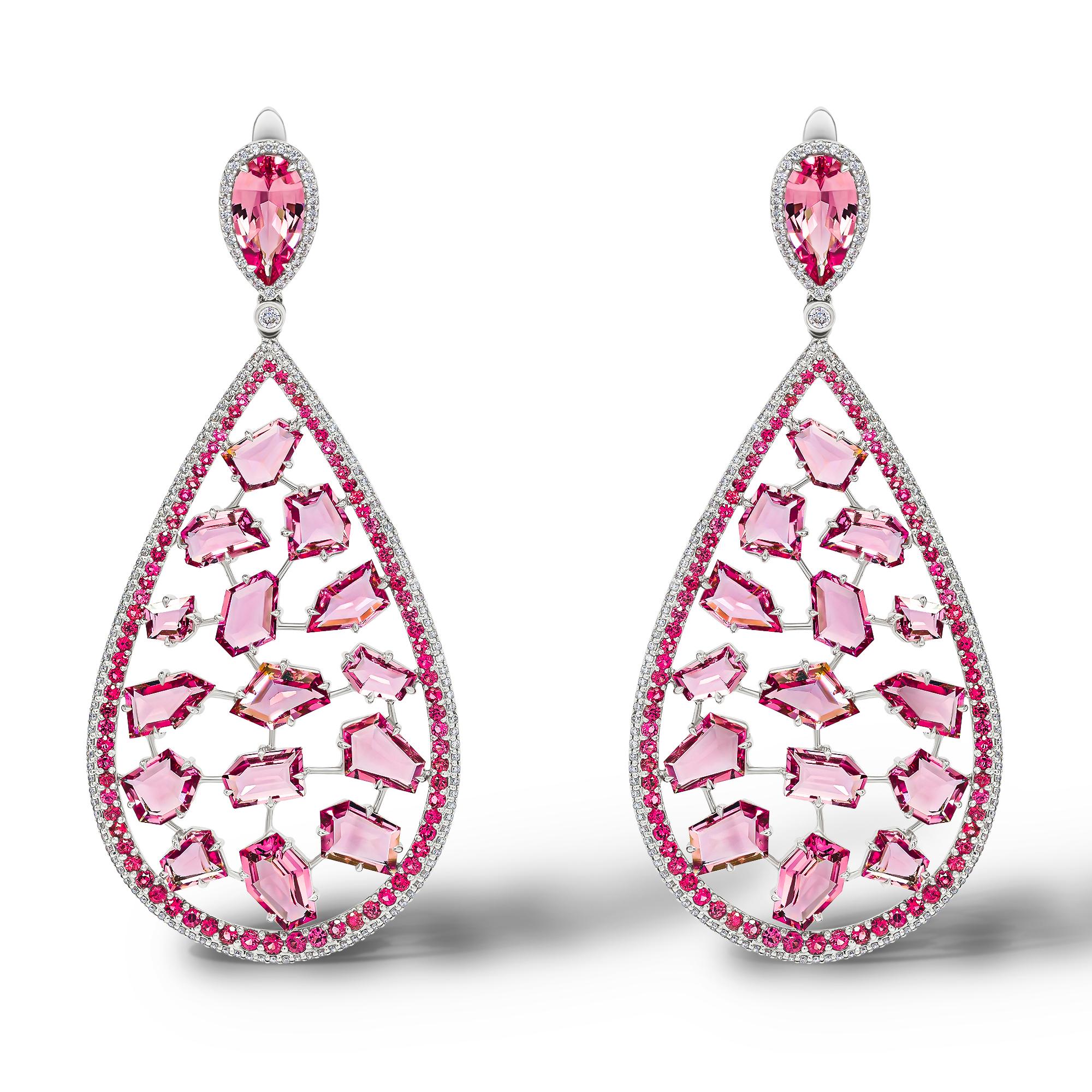 •	18k White Gold. 
•	Pink Spinels in Drop cut – 2 pc total carat weight – 6.
•	Pink Spinels in Fantasy cut – total carat weight – 28.
•	Red Spinels in round cut – total carat weight – 1.
•	‘ cm each. 
•	Product Weight – 27.59 grams. 

