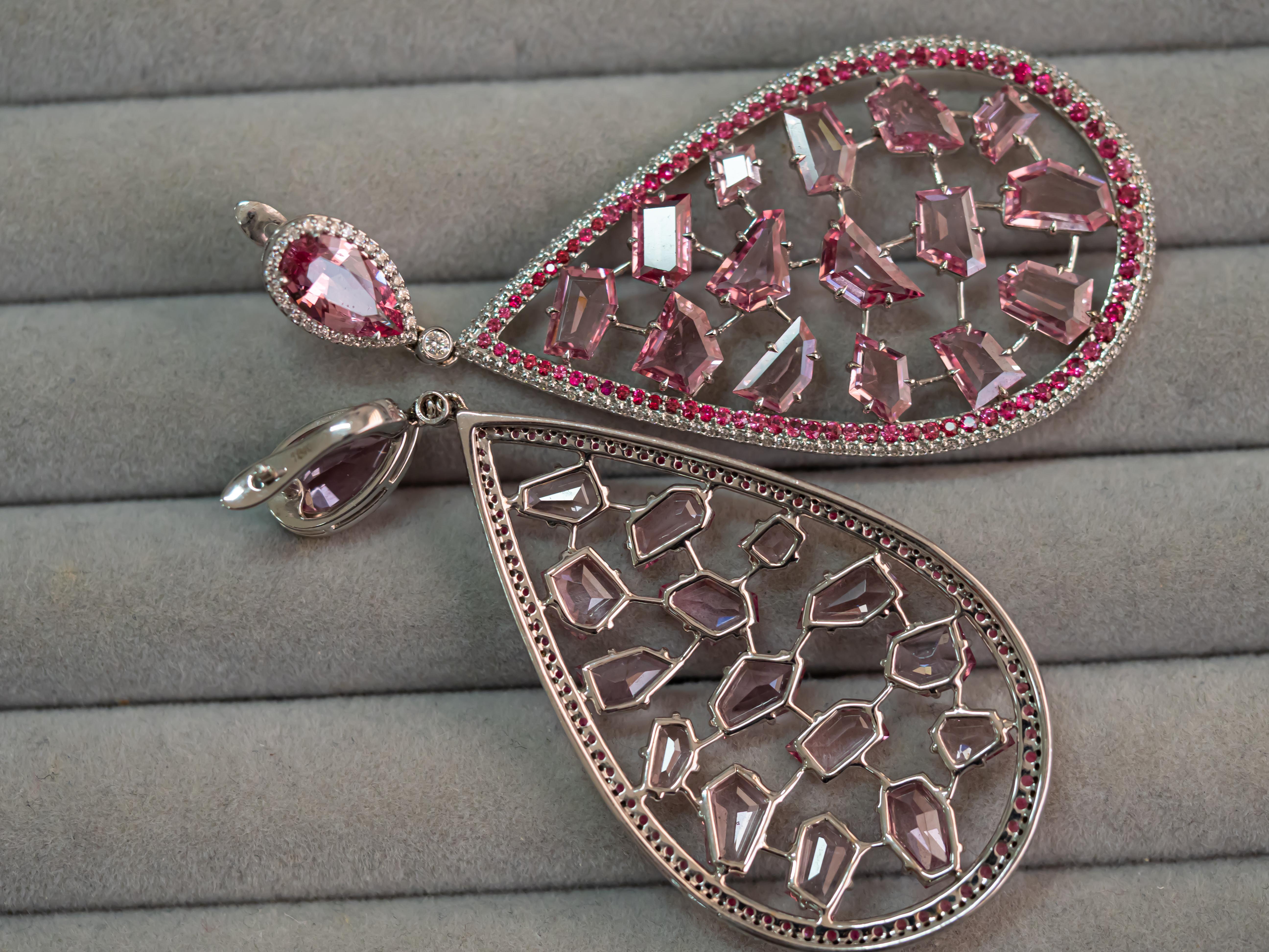 Mixed Cut Drop Pink & Red Spinels Earrings, 18k White Gold For Sale