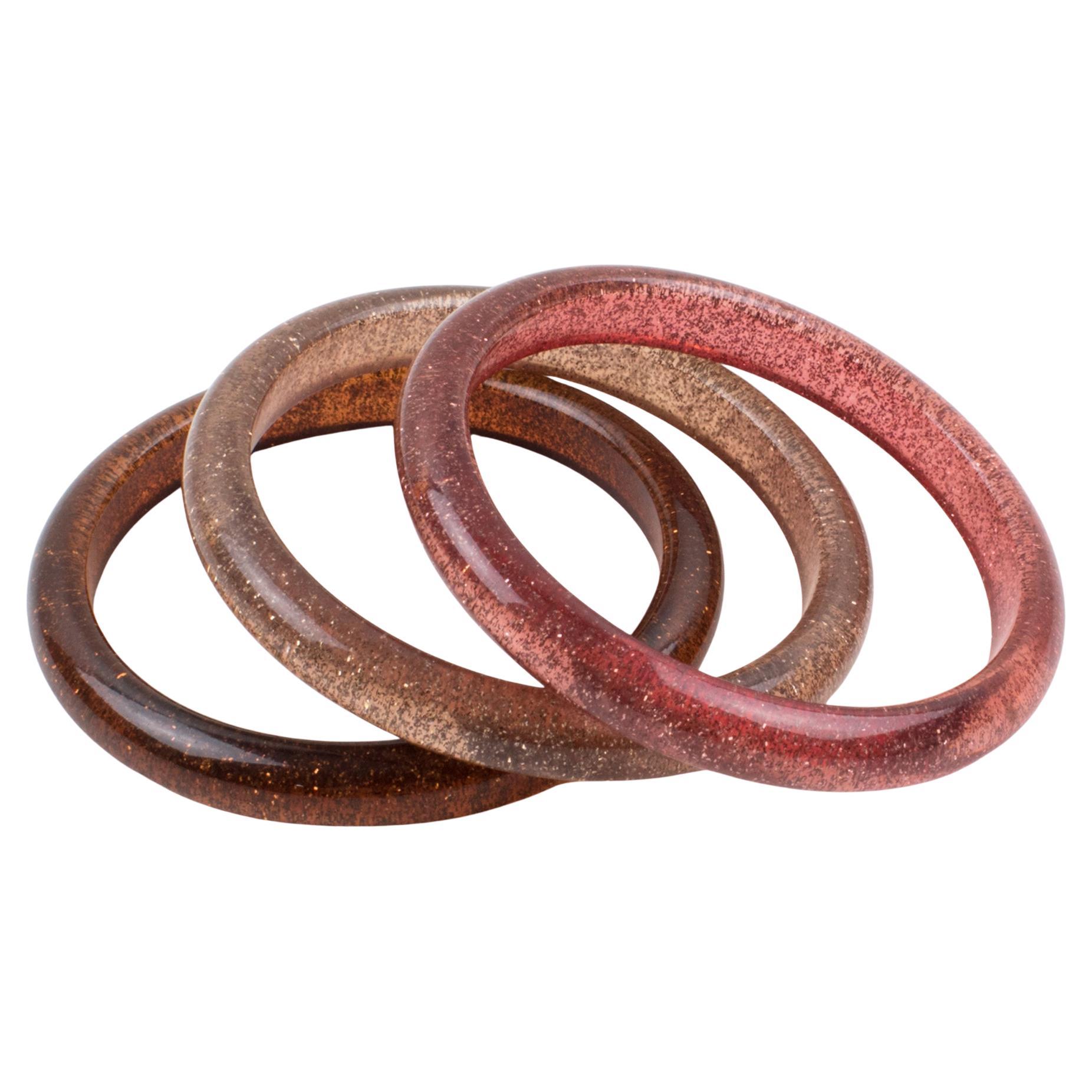 Rosa Harzarmband Armreif mit Silberkonfetti, ein Trio im Angebot