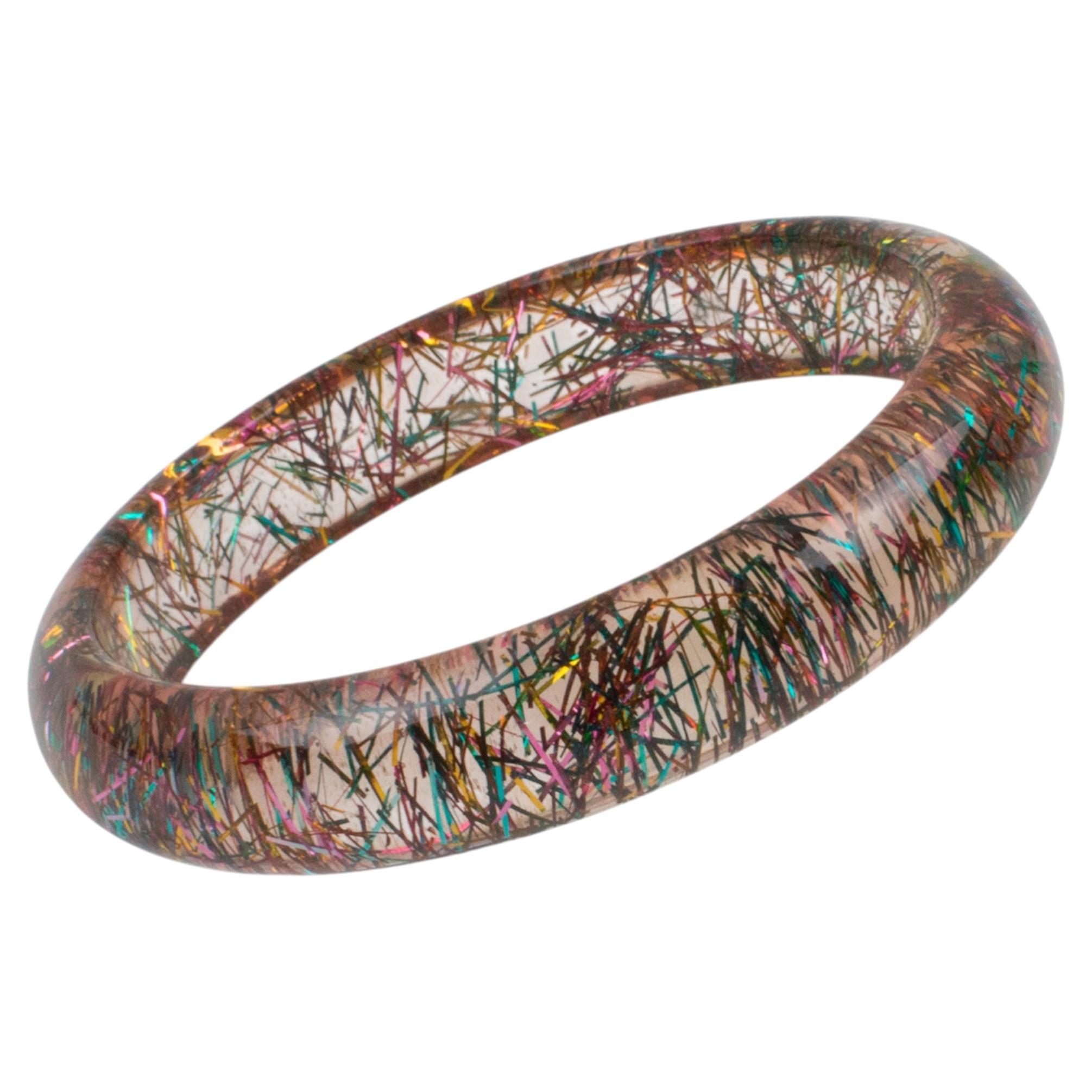 Pink Resin Lucite Bracelet Bangle with Multicolor Glitter Flakes For Sale