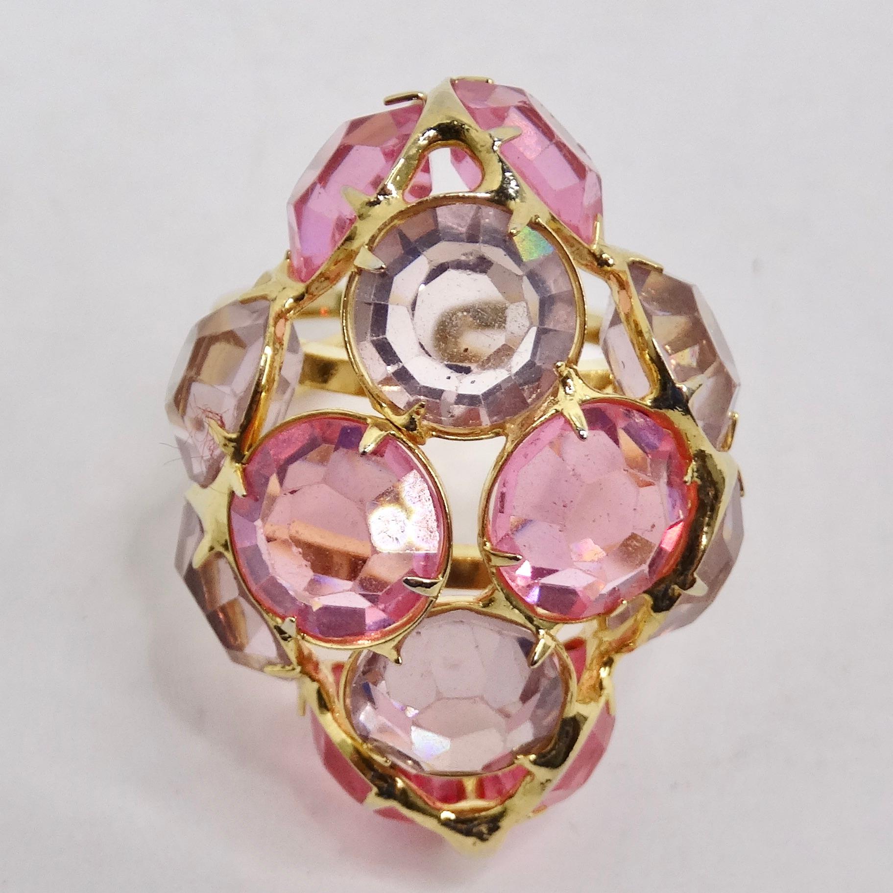 Pink Rhinestone 18K Gold Plated Cocktail Ring In Excellent Condition For Sale In Scottsdale, AZ