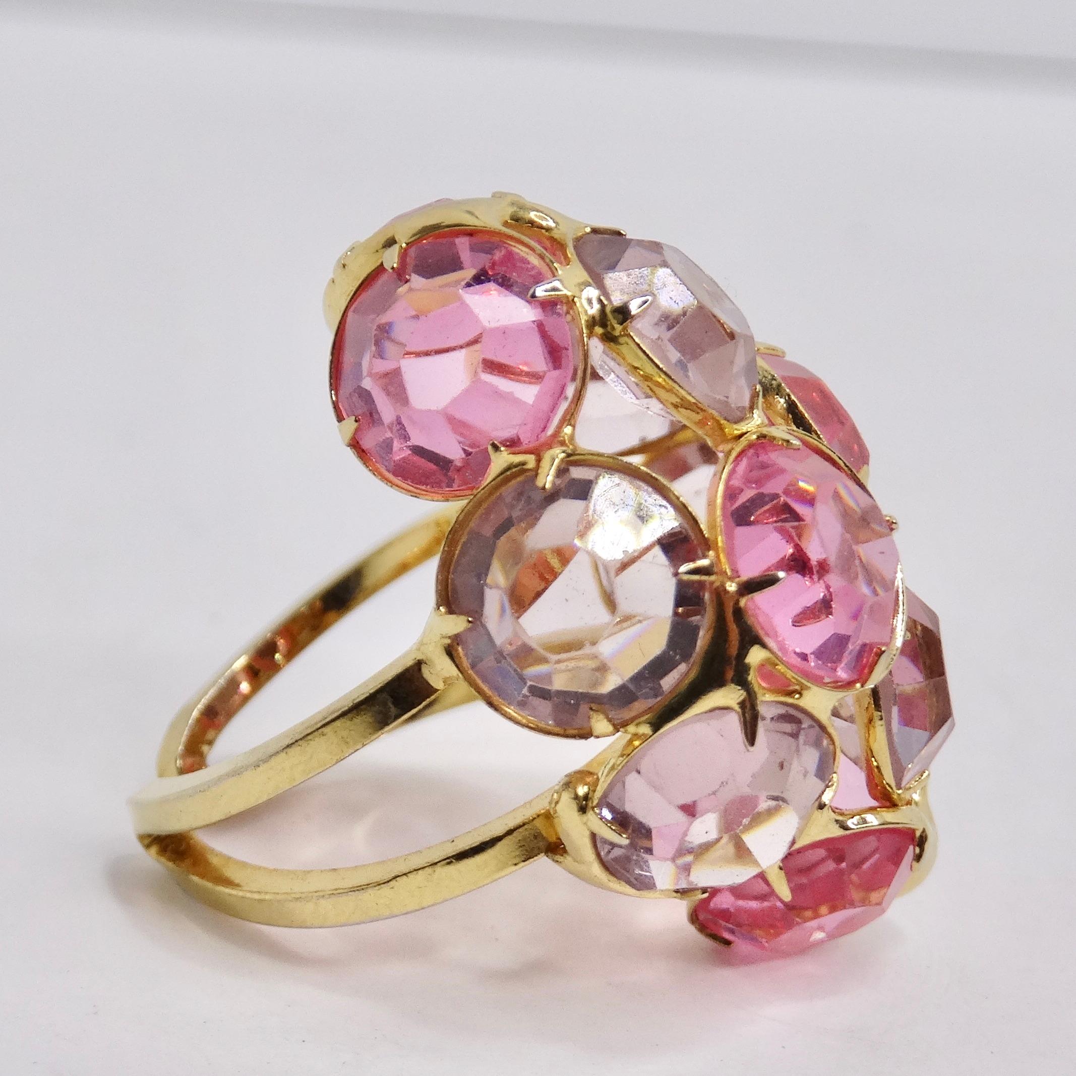 Women's or Men's Pink Rhinestone 18K Gold Plated Cocktail Ring For Sale