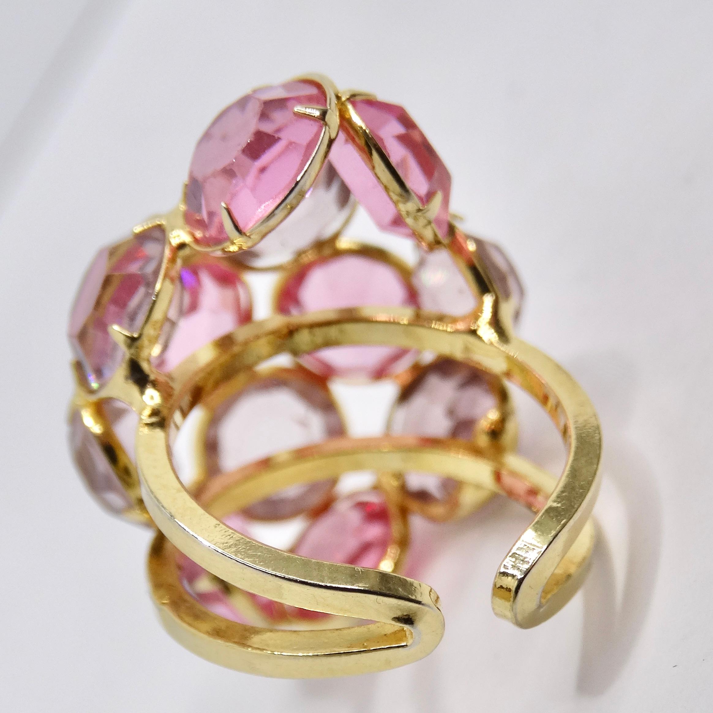 Pink Rhinestone 18K Gold Plated Cocktail Ring For Sale 1