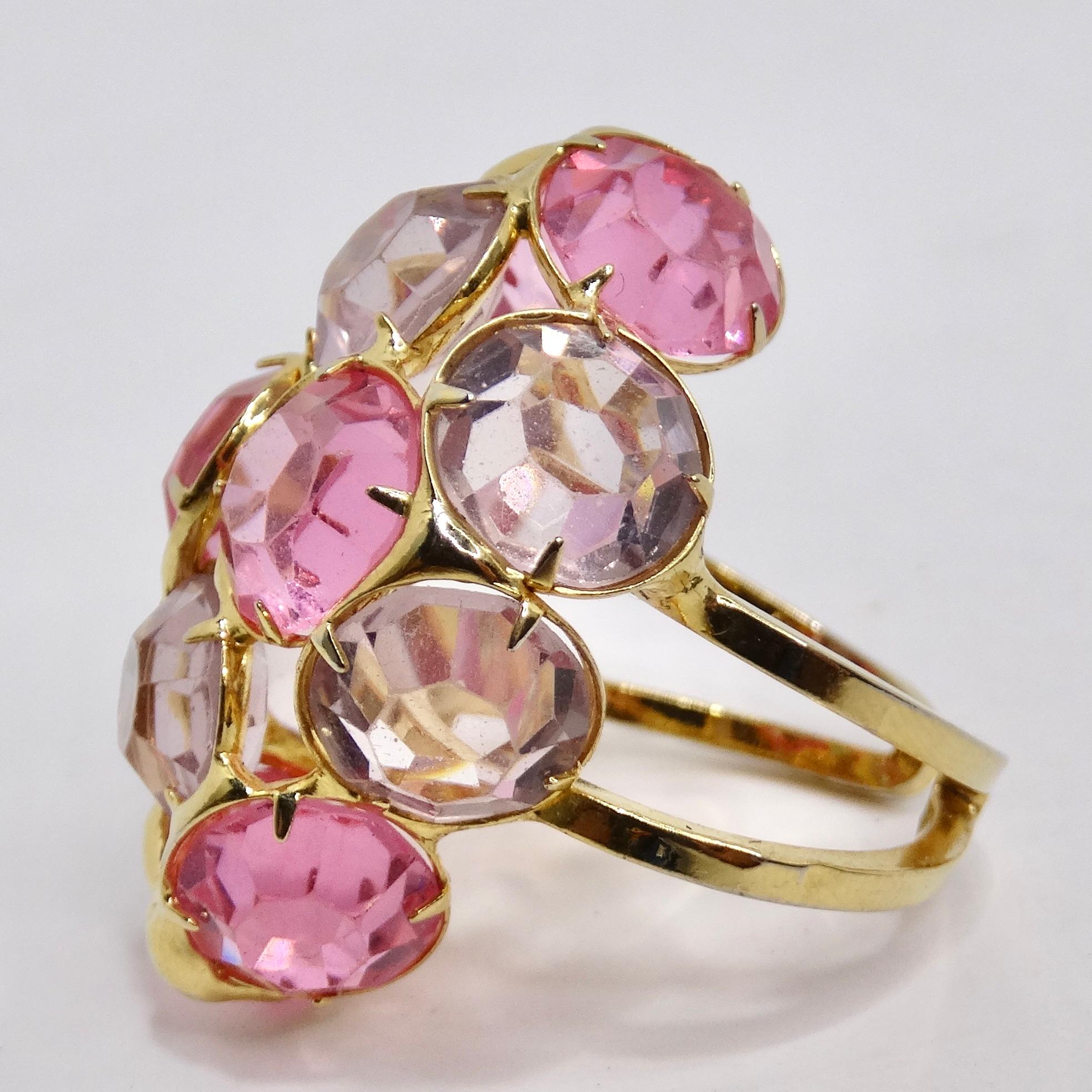Pink Rhinestone 18K Gold Plated Cocktail Ring For Sale 2