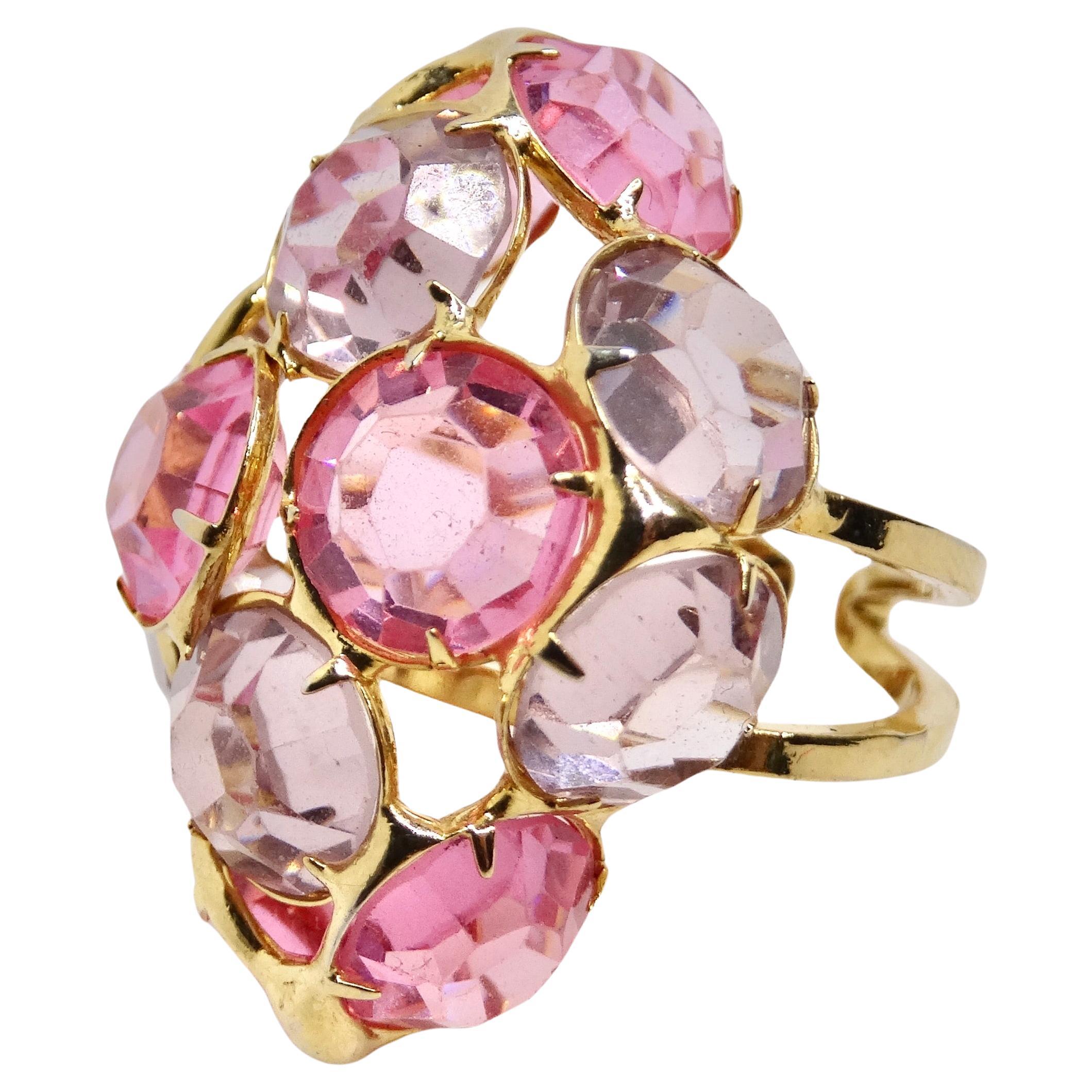 Pink Rhinestone 18K Gold Plated Cocktail Ring For Sale