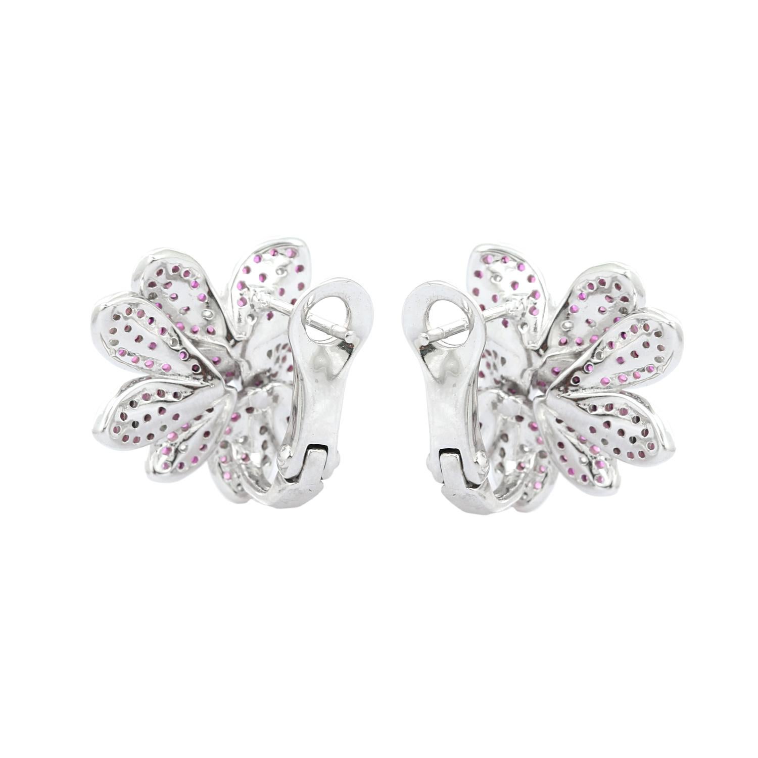 Pink Rhinestone Blooming Flower Studs Earring Gift for Her In Silver For Mother For Sale 1