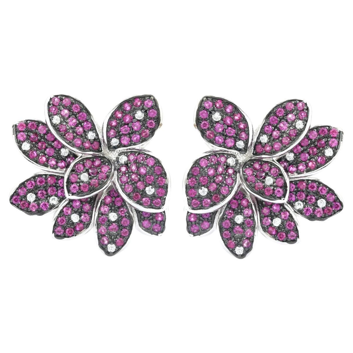 Pink Rhinestone Blooming Flower Studs Earring Gift for Her In Silver For Mother For Sale