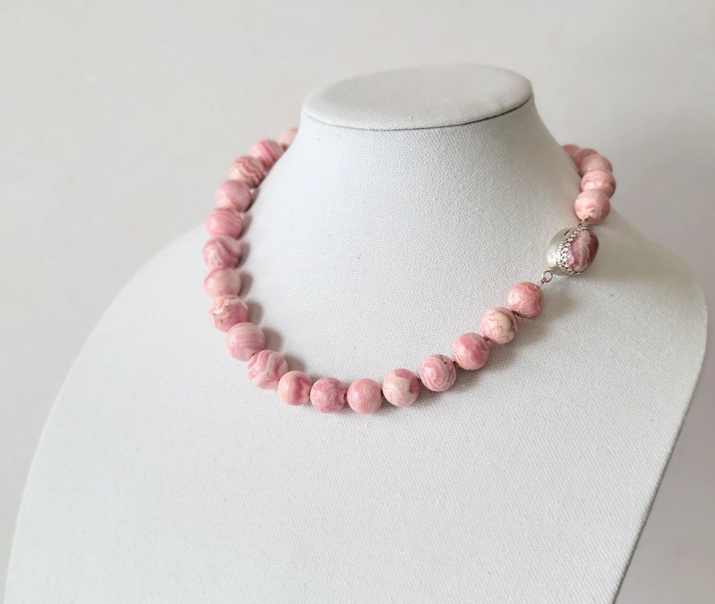 Pink Rhodochrosite Knotted Necklace For Sale 5
