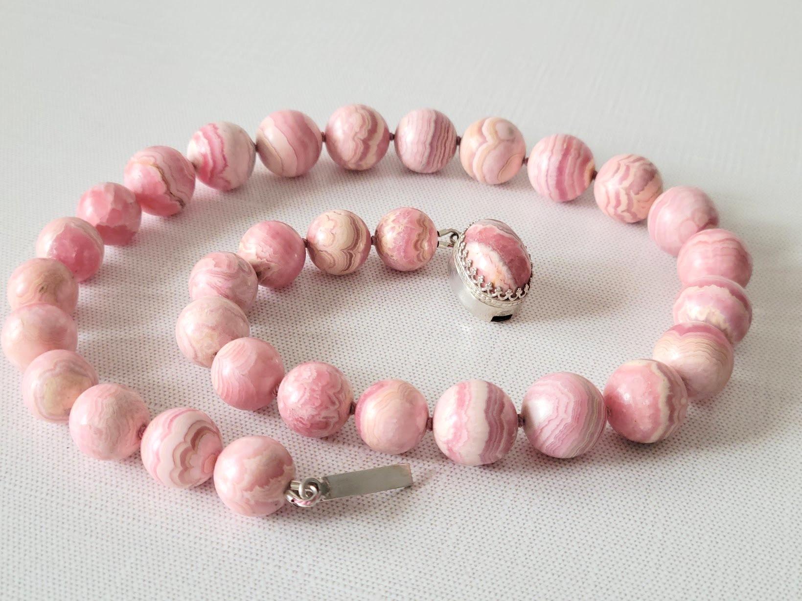 Bead Pink Rhodochrosite Knotted Necklace For Sale