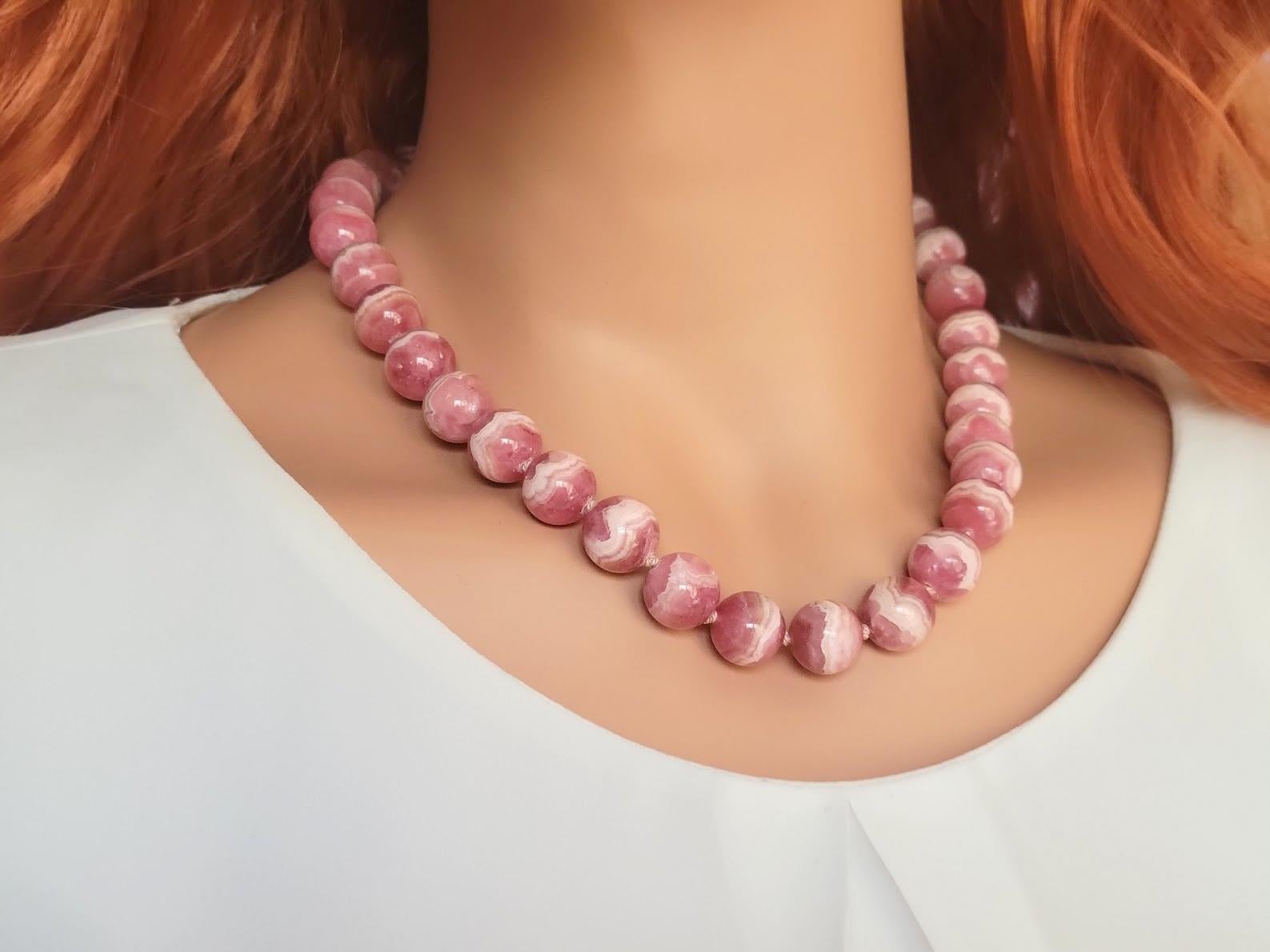 Bead Pink Rhodochrosite Knotted Necklace For Sale