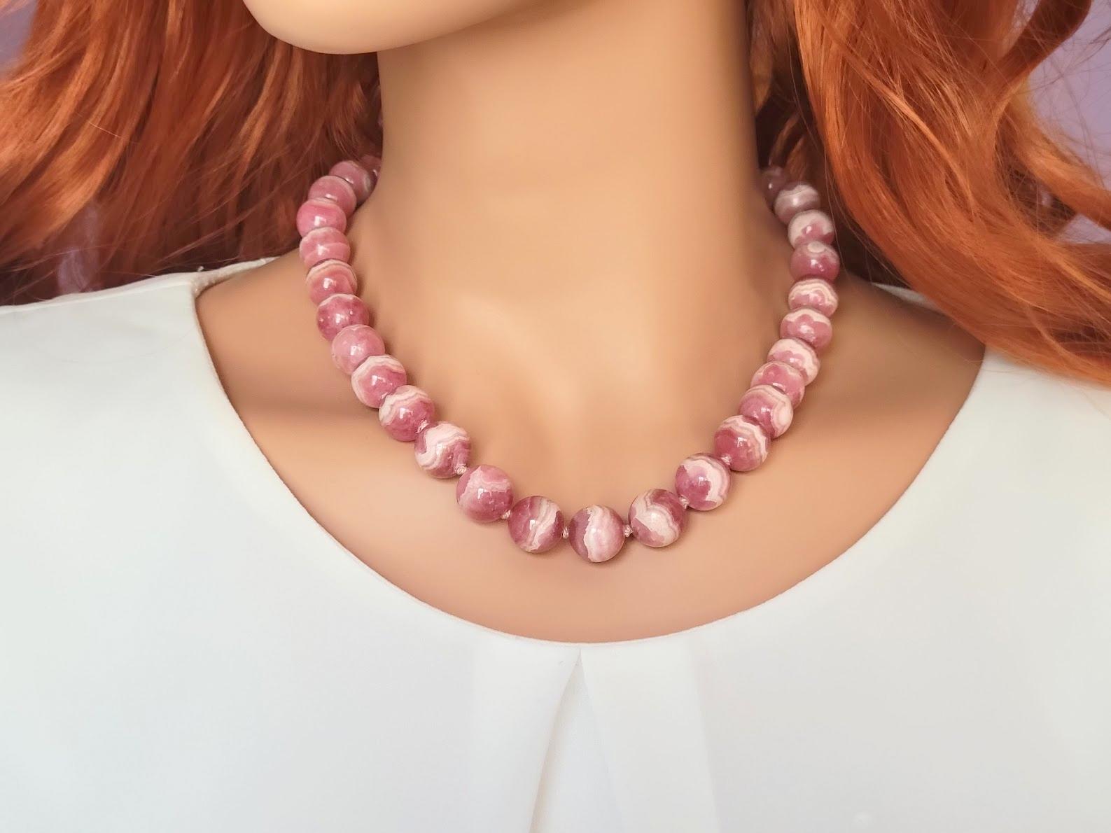 Pink Rhodochrosite Knotted Necklace In New Condition For Sale In Chesterland, OH