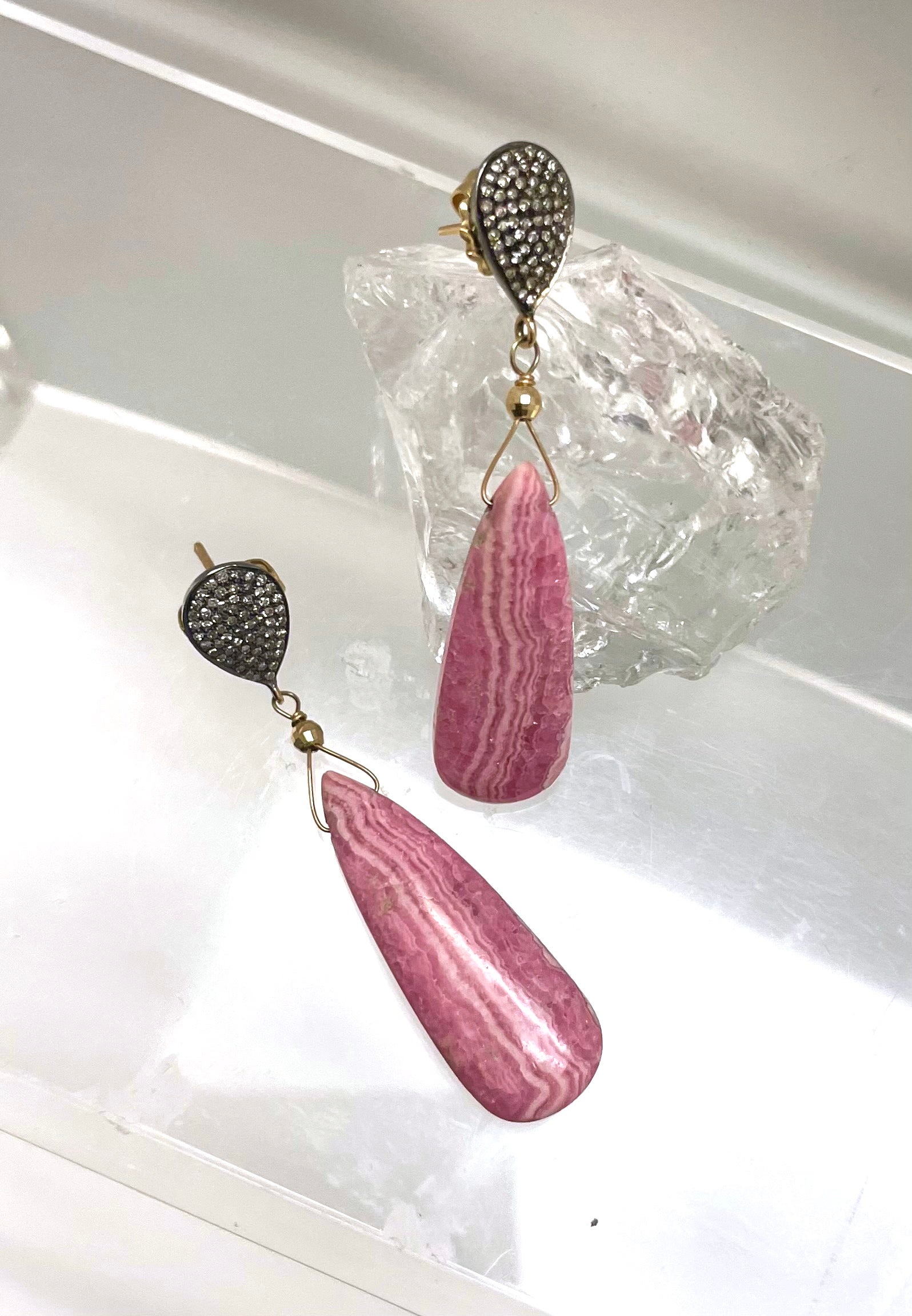 Artisan Pink Rhodochrosite with Diamonds Paradizia Earrings For Sale