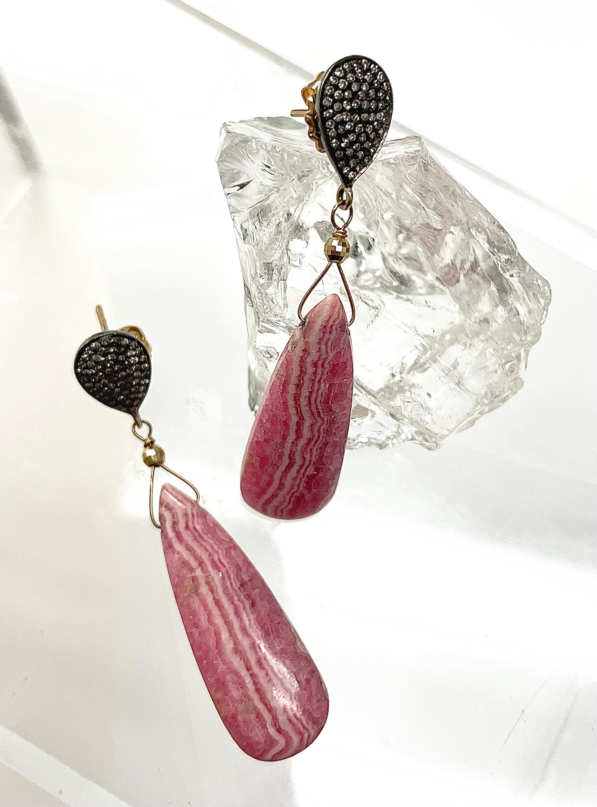 Pink Rhodochrosite with Diamonds Paradizia Earrings For Sale 1