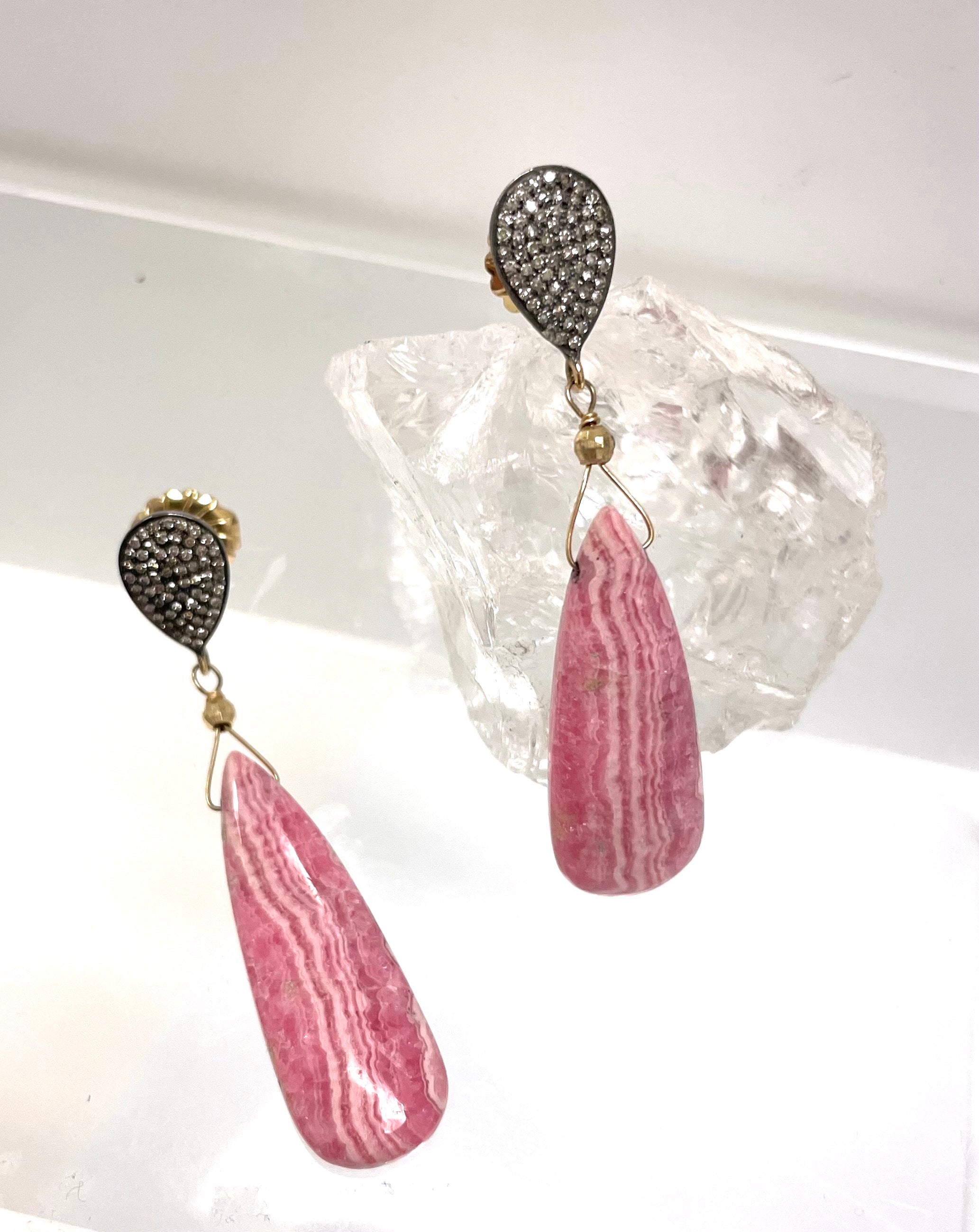 Pink Rhodochrosite with Diamonds Paradizia Earrings For Sale 2