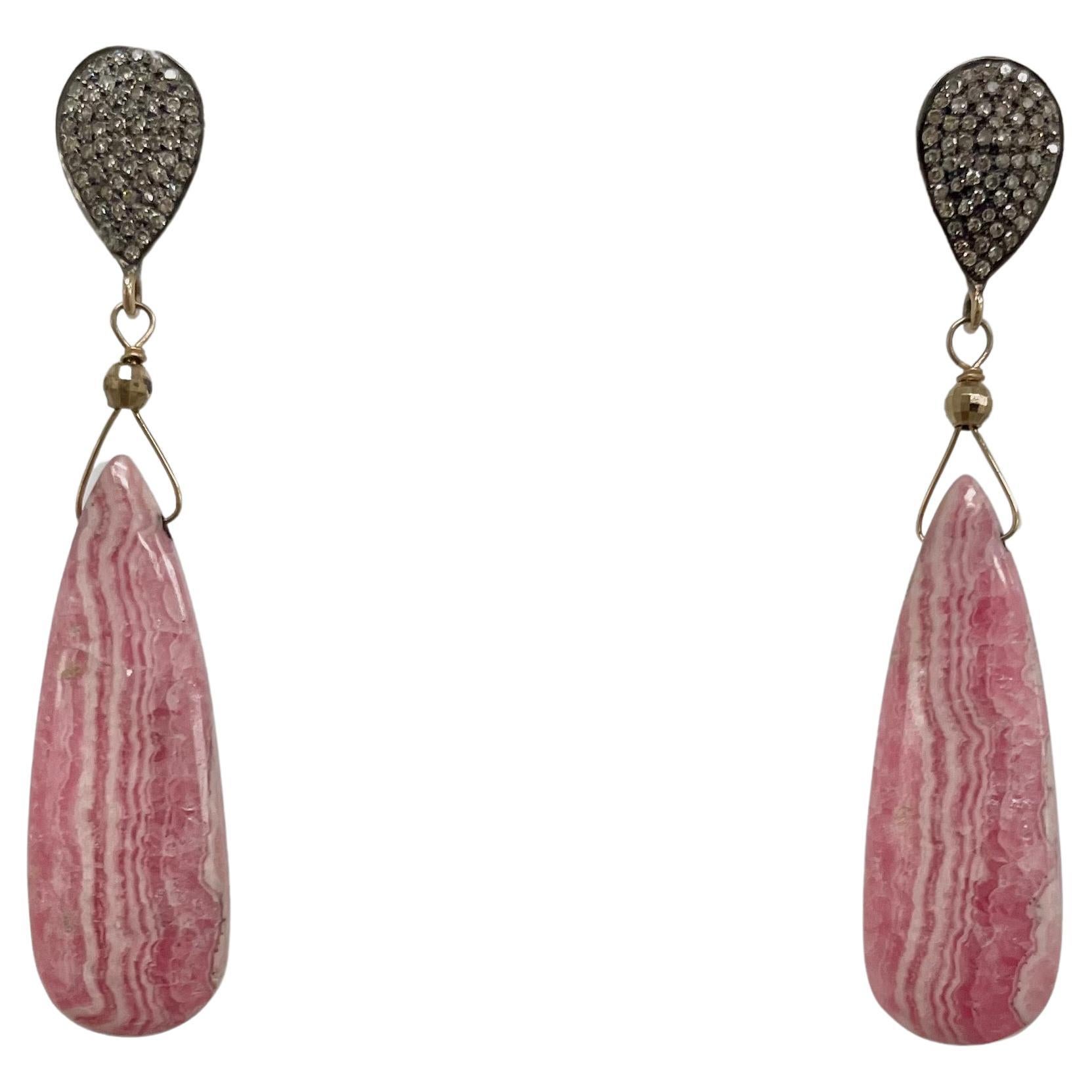 Pink Rhodochrosite with Diamonds Paradizia Earrings For Sale 3