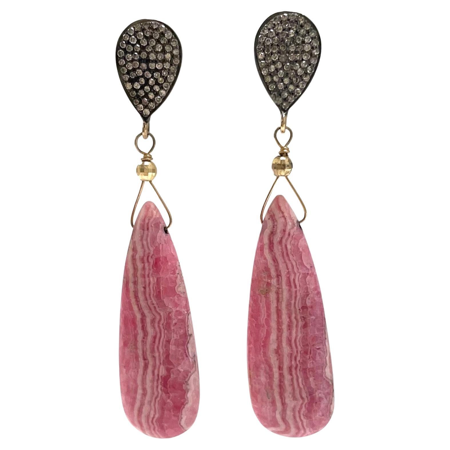 Pink Rhodochrosite with Diamonds Paradizia Earrings For Sale