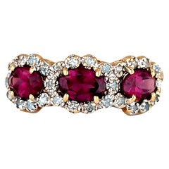 Vintage 3 Stone Pink Rhodolite Garnets Halo Ring 14 Karat