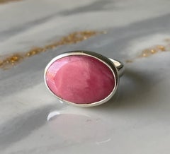 Pink rhodonite silver ring, rare pure color of rhodonite