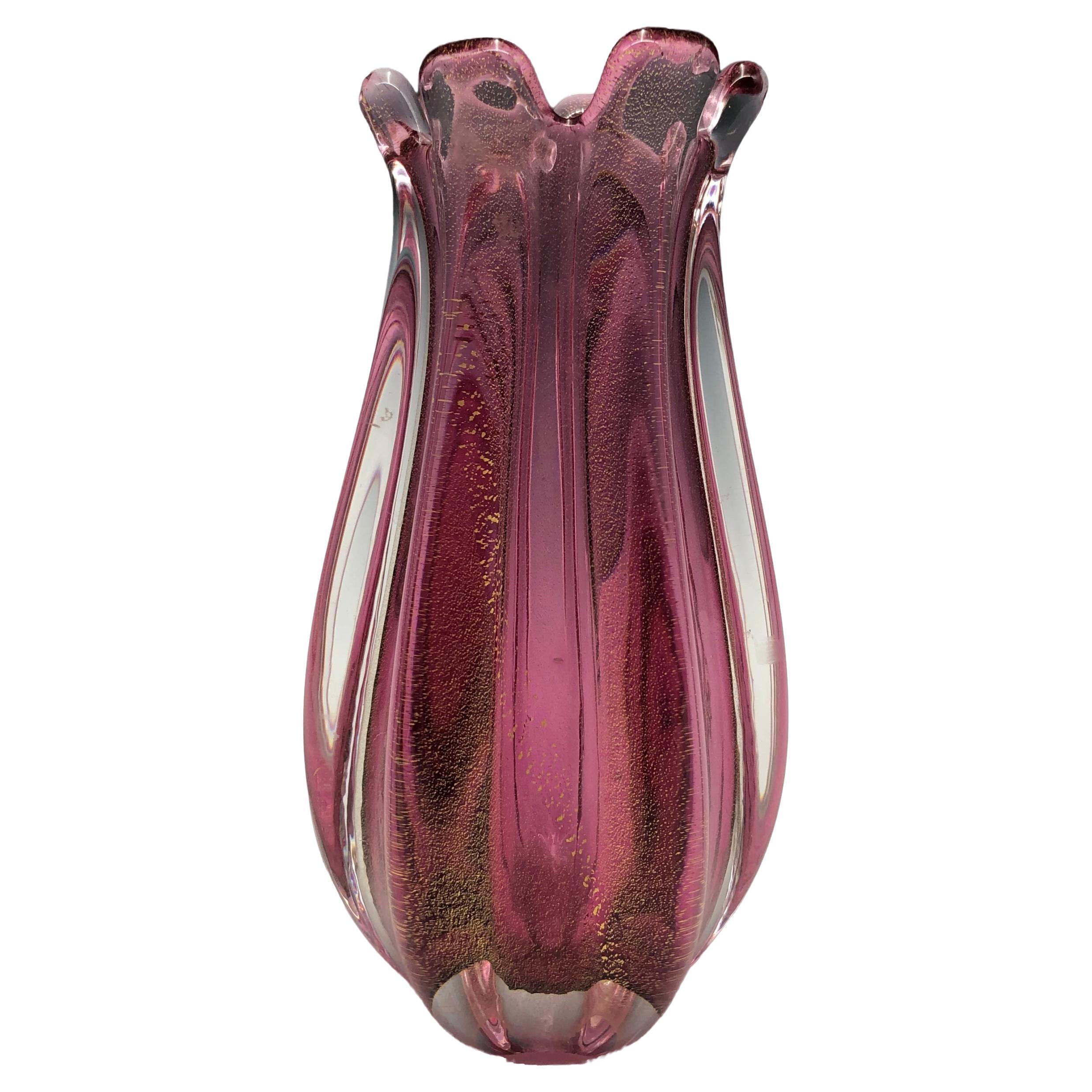 Pink Ribbed Gold Infused Murano Glass Sommerso Bud Vase