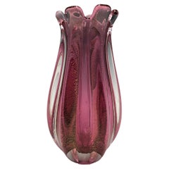Vintage Pink Ribbed Gold Infused Murano Glass Sommerso Bud Vase