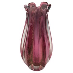 Pink Ribbed Gold Infused Murano Glass Sommerso Bud Vase