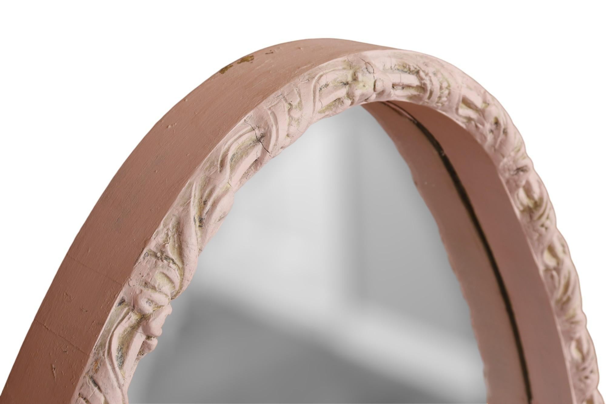 Pink Ribbon Carved Oval Wall Mirror In Good Condition For Sale In Bradenton, FL