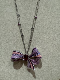 Pink Ribbon Necklace in White Gold, Diamonds, Tourmaline and Micromosaic