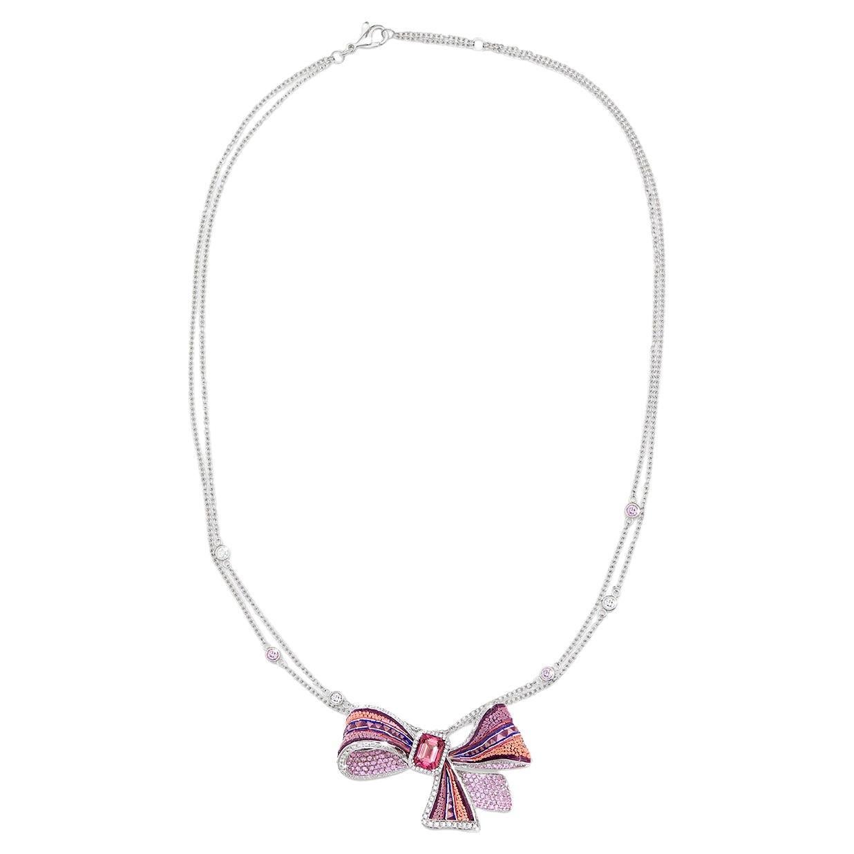 Pink Ribbon Necklace White Gold White Diamonds Tourmaline Decorated Micromosaic  For Sale