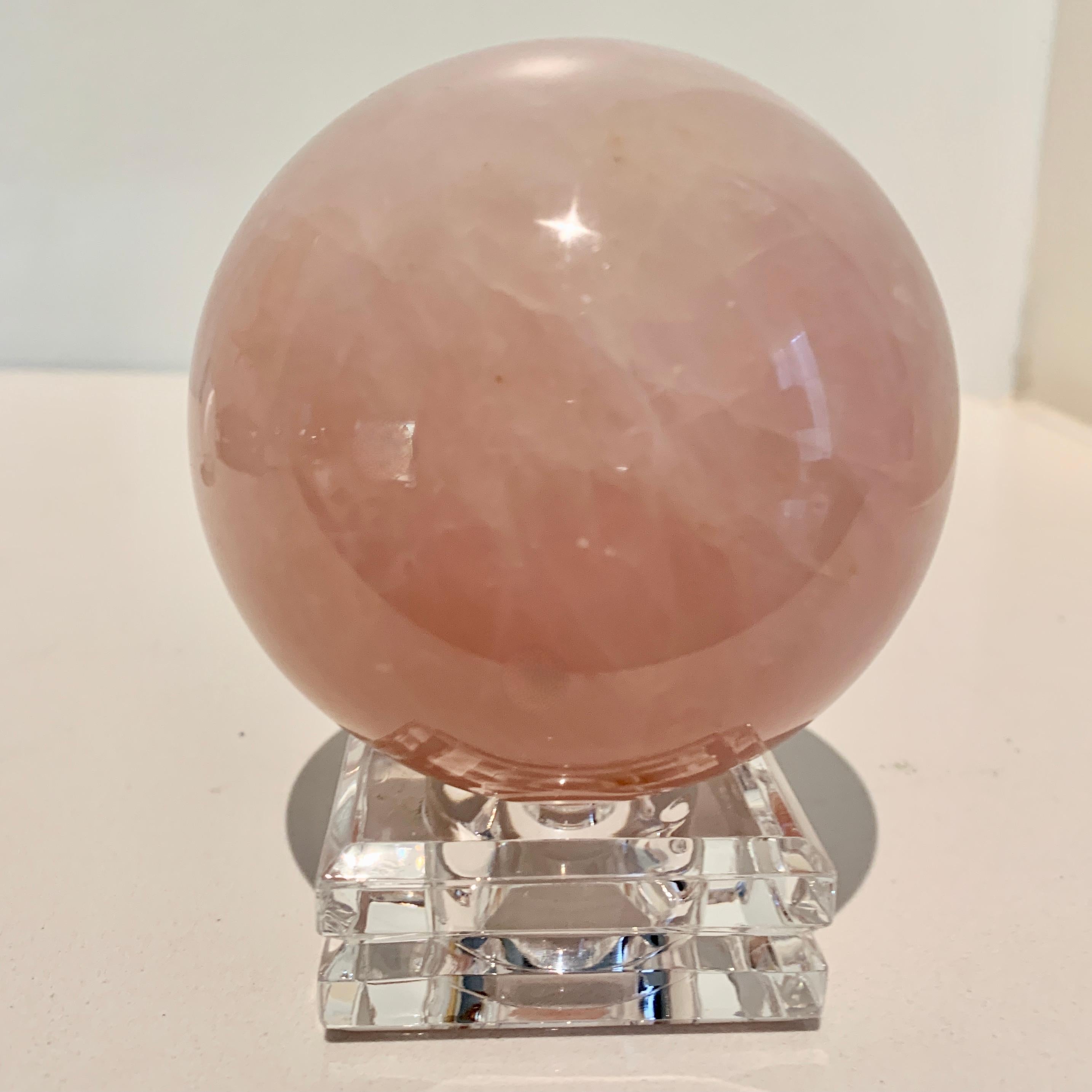 Mid-Century Modern Pink Rock Crystal Sphere Paper Weight on Stand